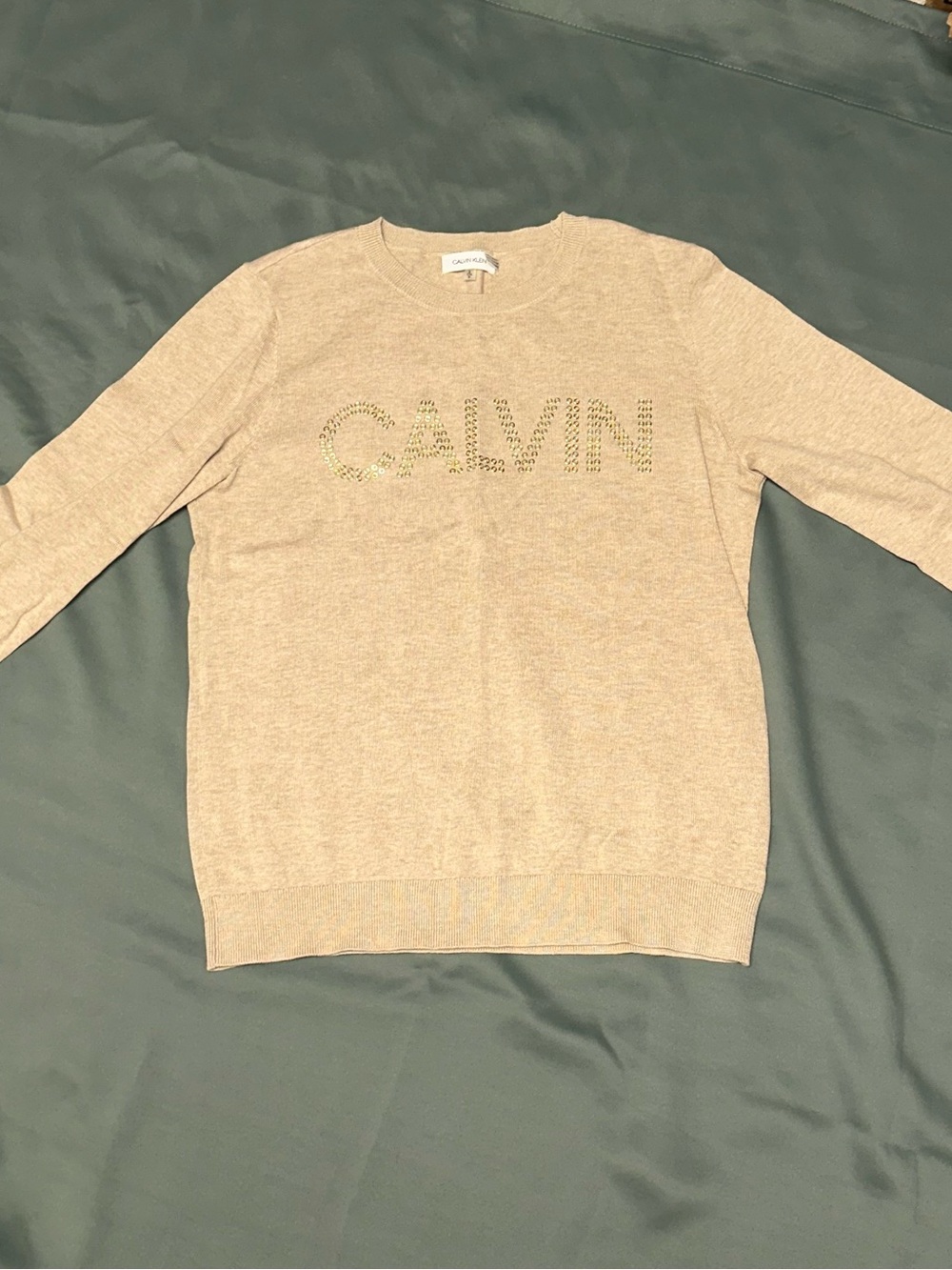 Calvin Klein Beige Crewneck Sweater with Studded Logo